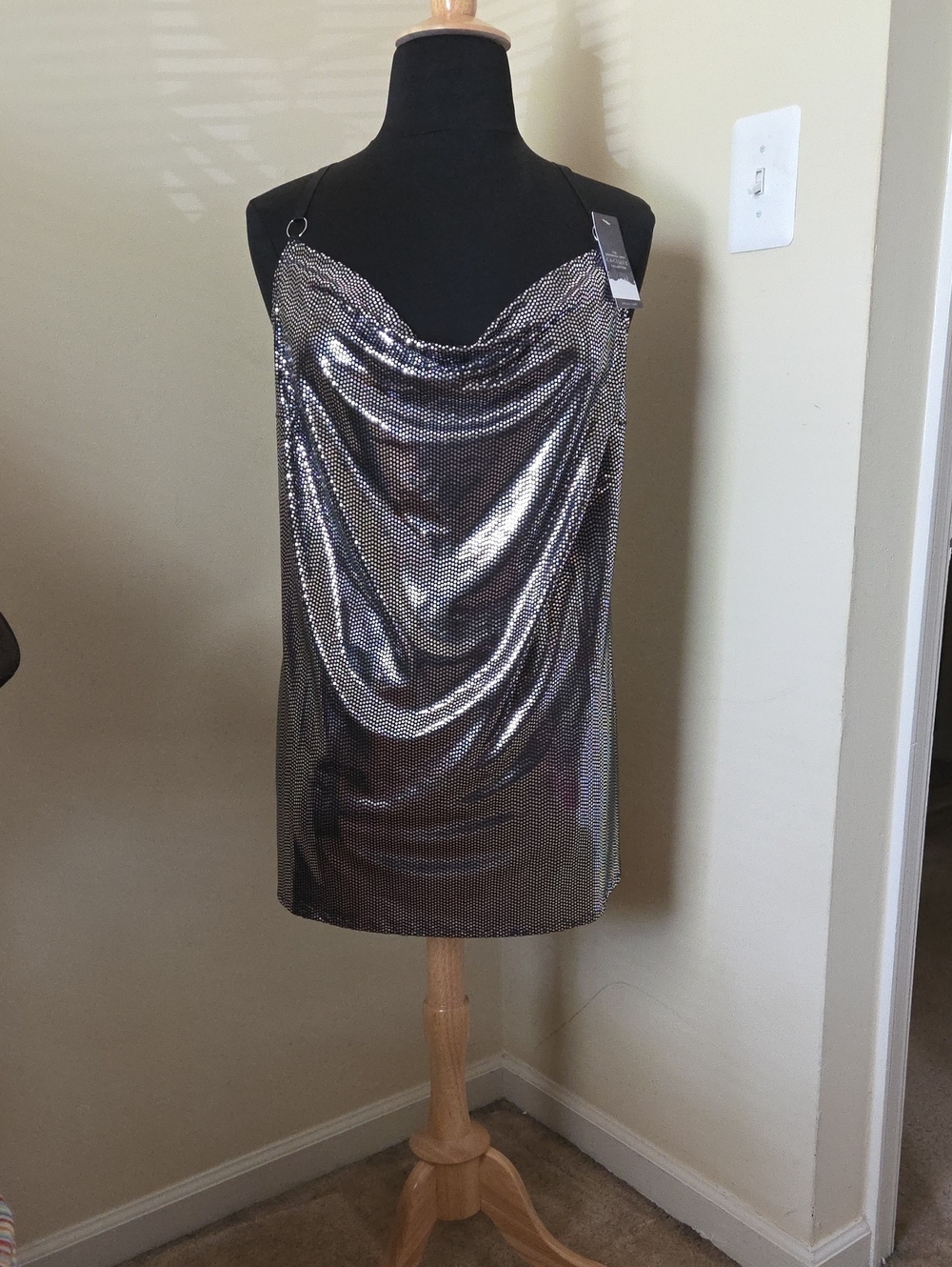 Metallic Silver Cowl Neck Slip Dress/Lingerie Nightie - Women